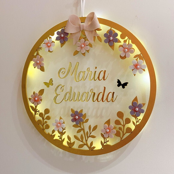 Porta Maternidade Laço Led Acrílico e Espelho