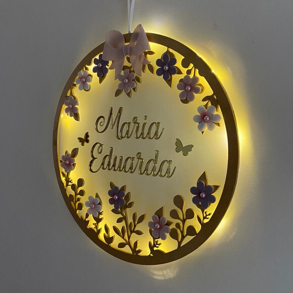 Porta Maternidade Laço Led Acrílico e Espelho