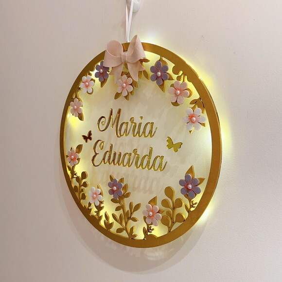 Porta Maternidade Laço Led Acrílico e Espelho