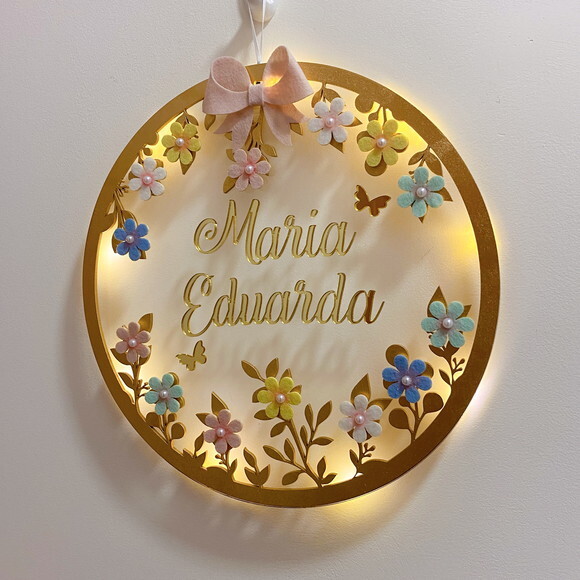 Porta Maternidade Laço Led Acrílico e Espelho