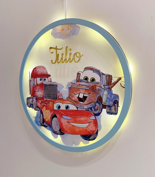 Porta Maternidade Led Carros Acrílico e Espelho