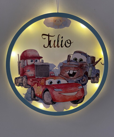 Porta Maternidade Led Carros Acrílico e Espelho