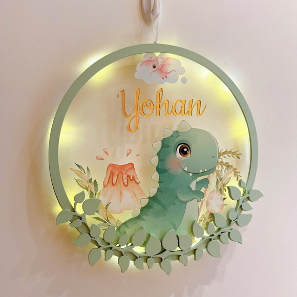 Porta Maternidade Led Dinossauro Acrílico e Espelho