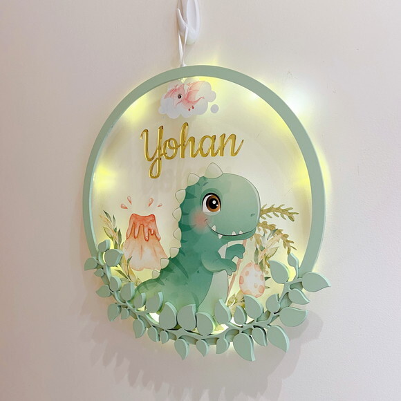 Porta Maternidade Led Dinossauro Acrílico e Espelho