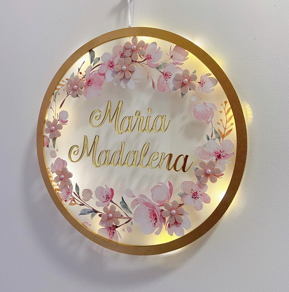 Porta Maternidade Led Floral Acrílico e Espelho