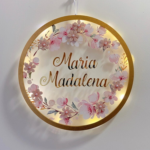 Porta Maternidade Led Floral Acrílico e Espelho