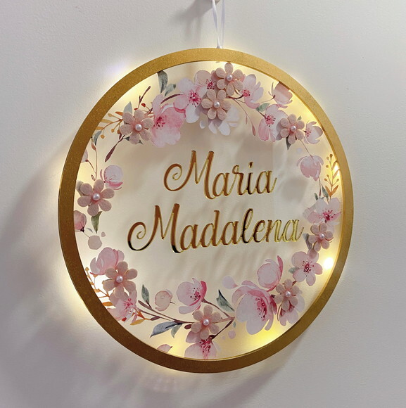 Porta Maternidade Led Floral Acrílico e Espelho