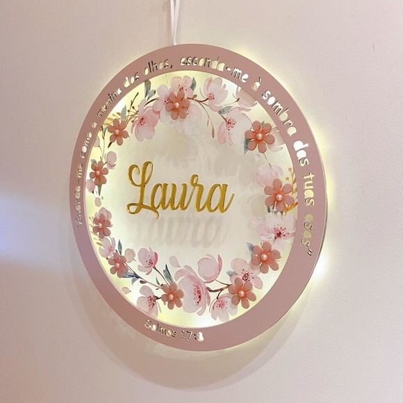Porta Maternidade Led Floral Versículo Acrílico e Espelho