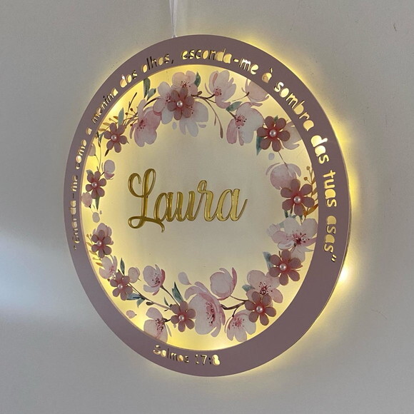 Porta Maternidade Led Floral Versículo Acrílico e Espelho