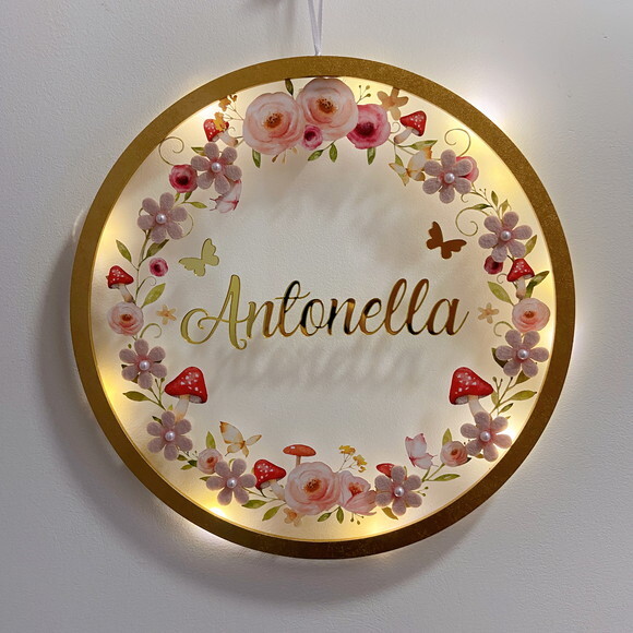 Porta Maternidade Led Floresta Floral Acrílico e Espelho