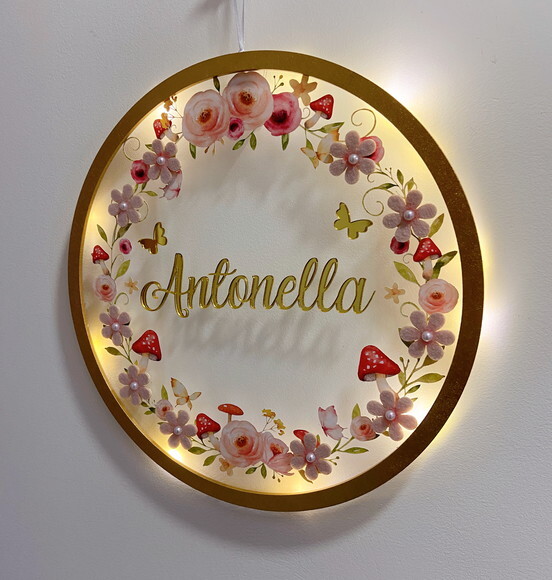 Porta Maternidade Led Floresta Floral Acrílico e Espelho