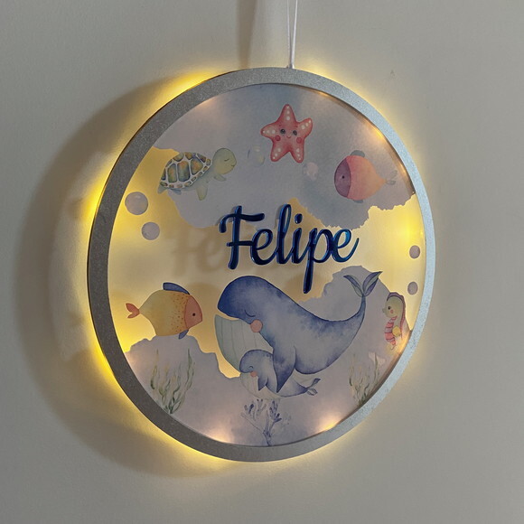 Porta Maternidade Led Fundo do Mar Acrílico e Espelho