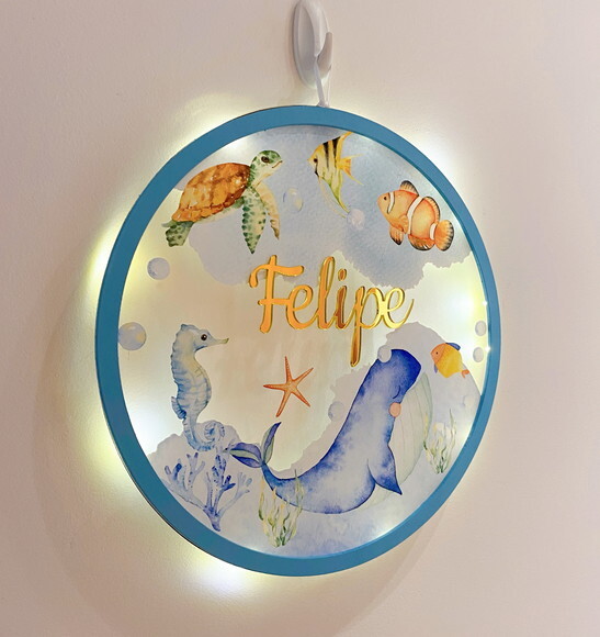 Porta Maternidade Led Fundo do Mar Acrílico e Espelho