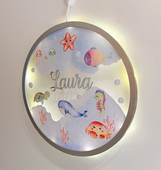 Porta Maternidade Led Fundo do Mar Acrílico e Espelho