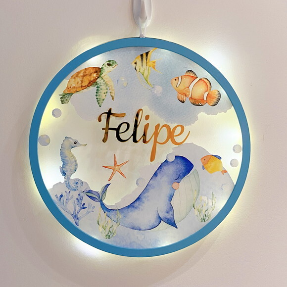 Porta Maternidade Led Fundo do Mar Acrílico e Espelho