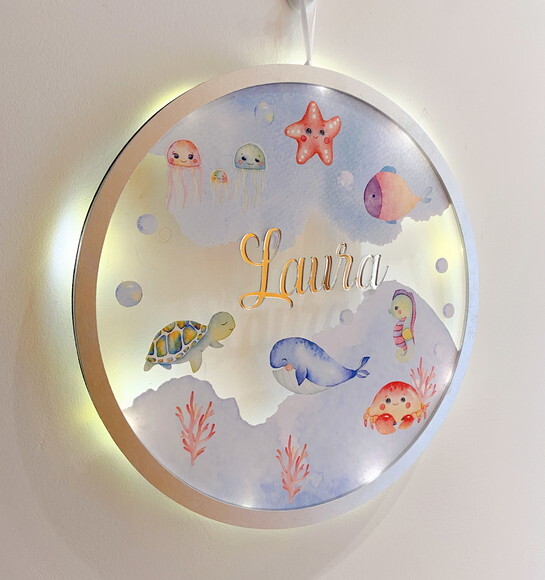 Porta Maternidade Led Fundo do Mar Acrílico e Espelho