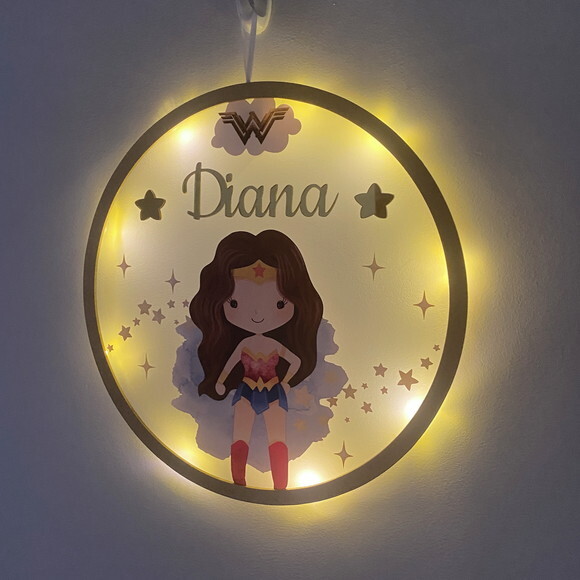 Porta Maternidade Led Mulher Maravilha Acrílico e Espelho