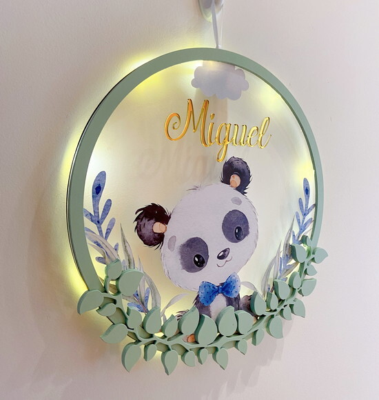 Porta Maternidade Led Panda Acrílico e Espelho