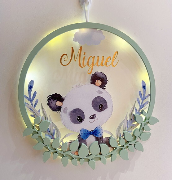 Porta Maternidade Led Panda Acrílico e Espelho