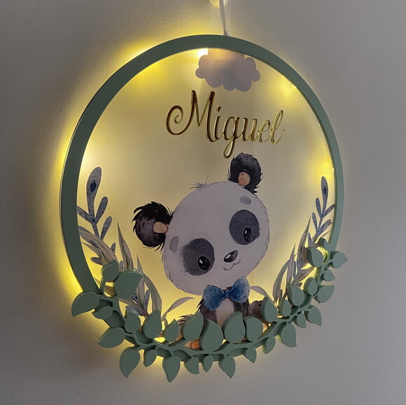 Porta Maternidade Led Panda Acrílico e Espelho