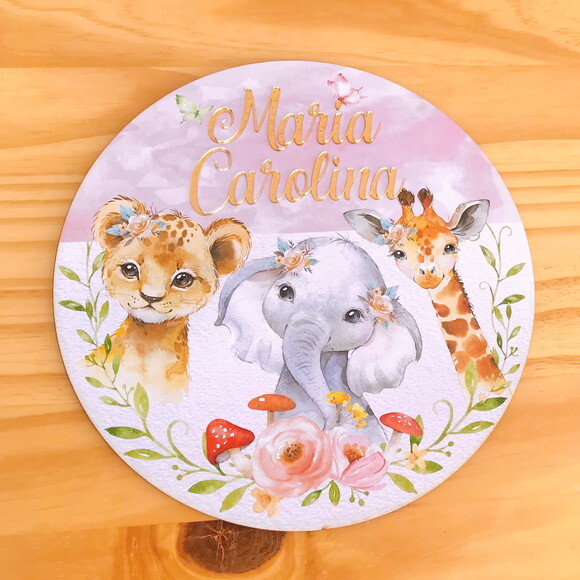 Porta Maternidade Menina Safari mdf Nome Espelho