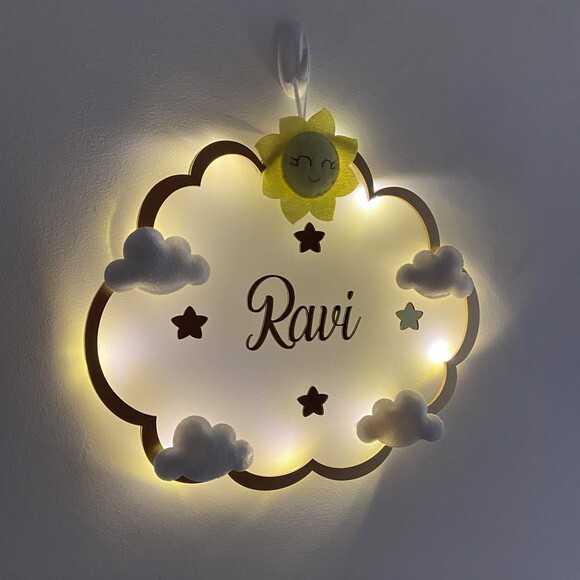 Porta Maternidade Nuvem Led Acrílico e Espelho