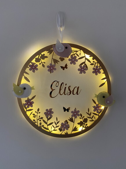 Porta Maternidade Pássaros Led Acrílico e Espelho