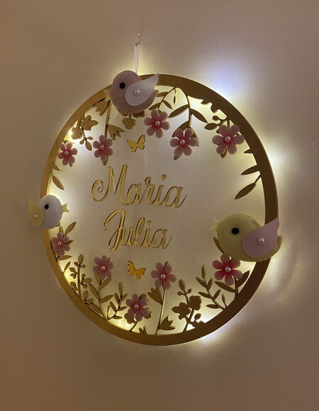 Porta Maternidade Pássaros Led Acrílico e Espelho
