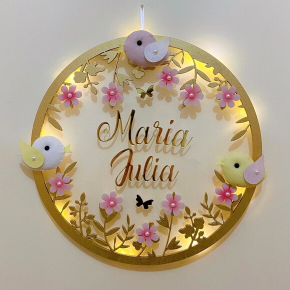Porta Maternidade Pássaros Led Acrílico e Espelho