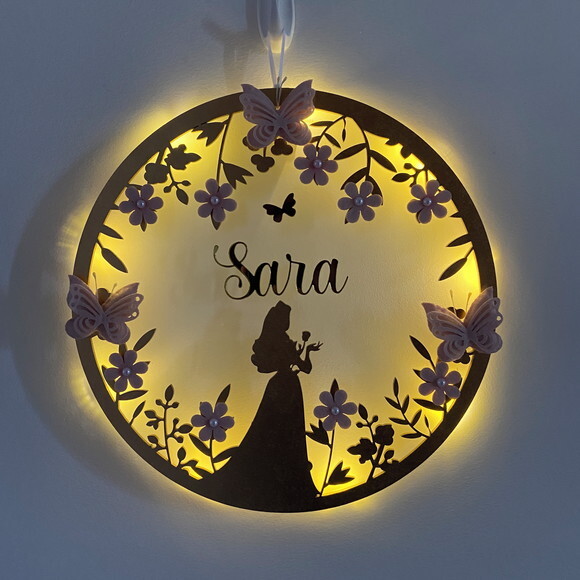 Porta Maternidade Princesa Aurora Led Acrílico e Espelho