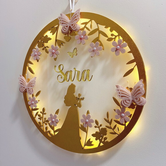 Porta Maternidade Princesa Aurora Led Acrílico e Espelho