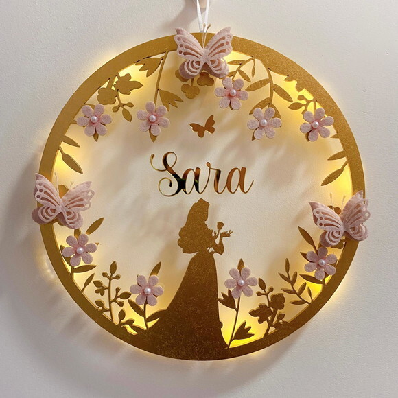 Porta Maternidade Princesa Aurora Led Acrílico e Espelho