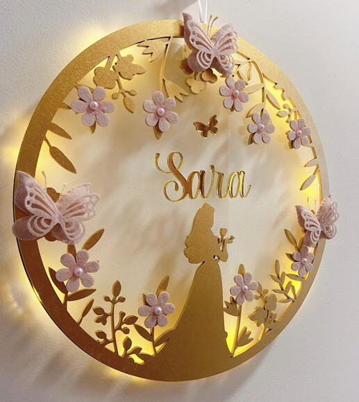 Porta Maternidade Princesa Aurora Led Acrílico e Espelho