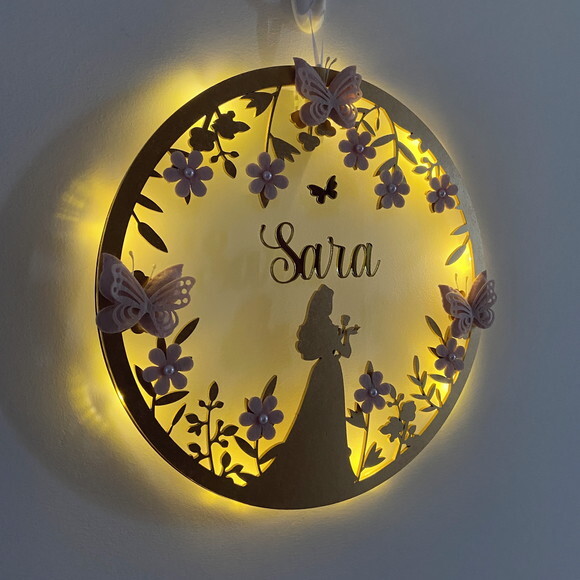 Porta Maternidade Princesa Aurora Led Acrílico e Espelho