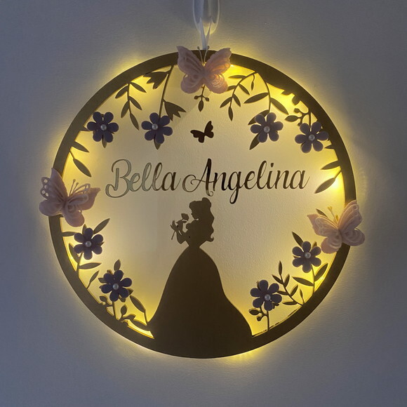 Porta Maternidade Princesa Bela Led Acrílico e Espelho