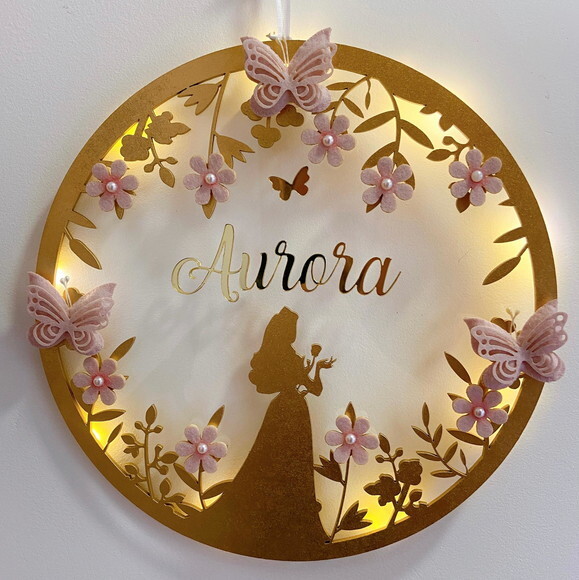 Porta Maternidade Princesa Led Acrílico e Espelho