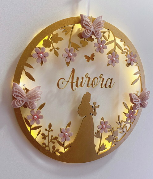 Porta Maternidade Princesa Led Acrílico e Espelho