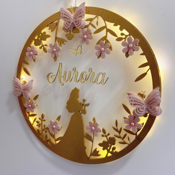Porta Maternidade Princesa Led Acrílico e Espelho