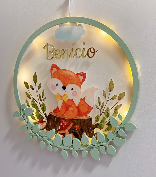 Porta Maternidade Raposinha Acrílico e Espelho Led