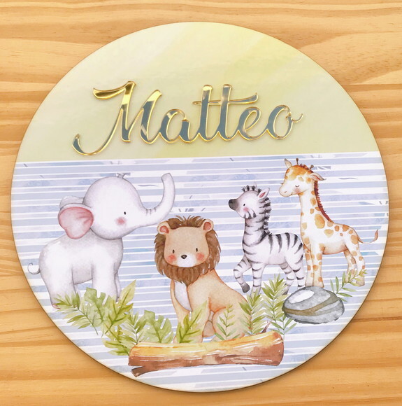 Porta Maternidade Safari MDF Nome Espelhado