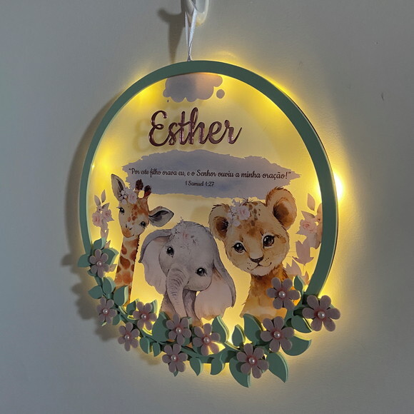 Porta Maternidade Safari Menina Acrílico e Espelho Led