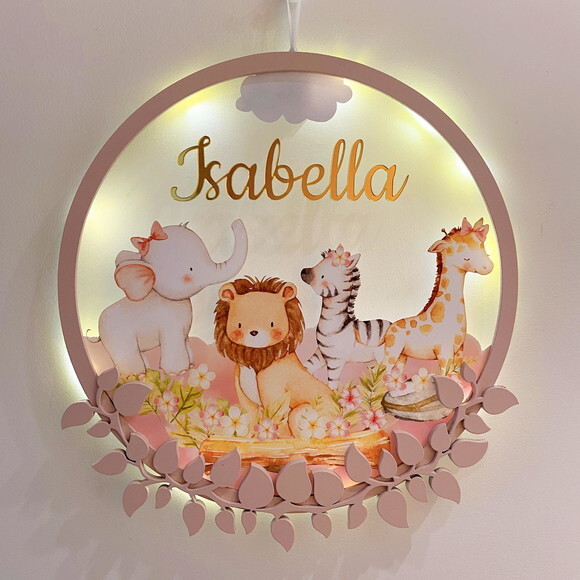 Porta Maternidade Safari Menina Acrílico e Led