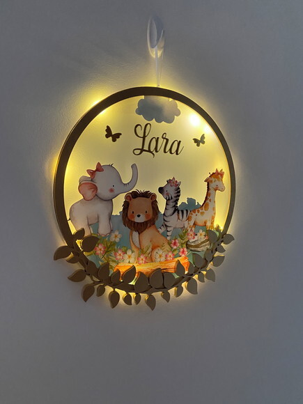 Porta Maternidade Safari Menina Acrílico e Espelho Led