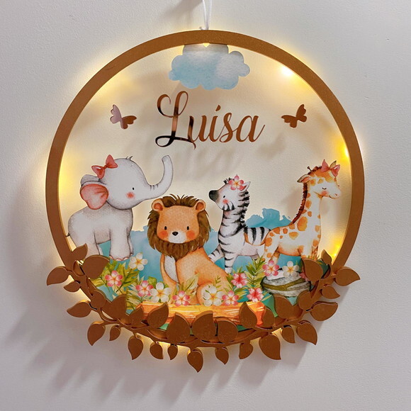 Porta Maternidade Safari Menina Acrílico e Led