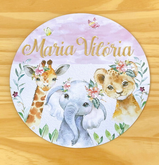 Porta Maternidade Safari Menina MDF Nome Espelho