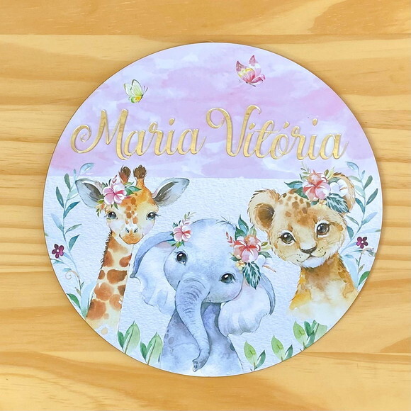 Porta Maternidade Safari Menina MDF Nome Espelho