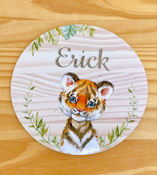 Porta Maternidade Tigre MDF Nome Espelho