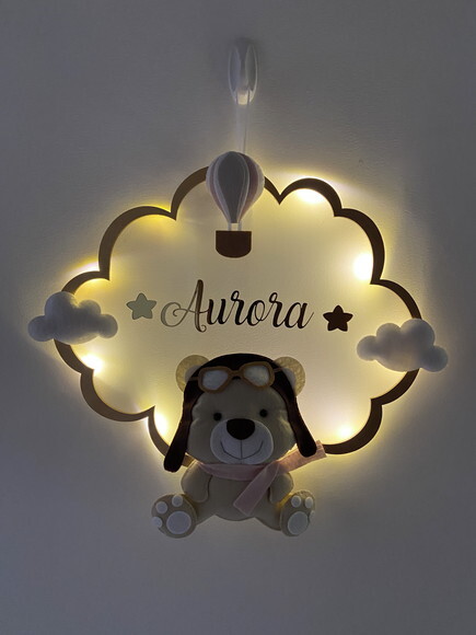 Porta Maternidade Ursinha Aviadora Led Acrílico e Espelho