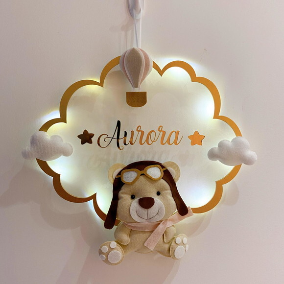 Porta Maternidade Ursinha Aviadora Led Acrílico e Espelho