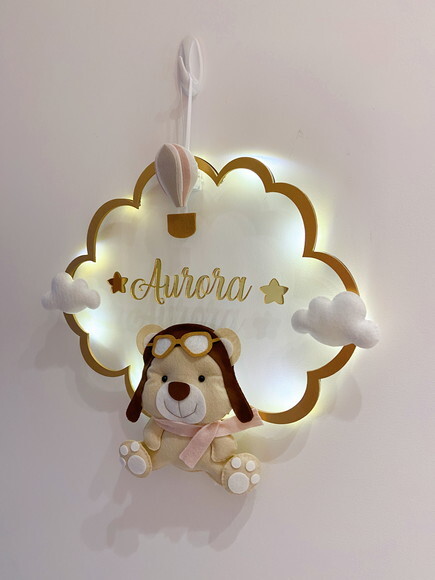 Porta Maternidade Ursinha Aviadora Led Acrílico e Espelho